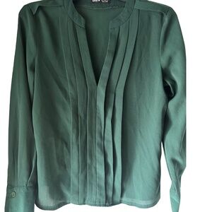Shein Emerald Green Pleated Blouse Women’s Medium – Long Sleeve V-Neck Work Top